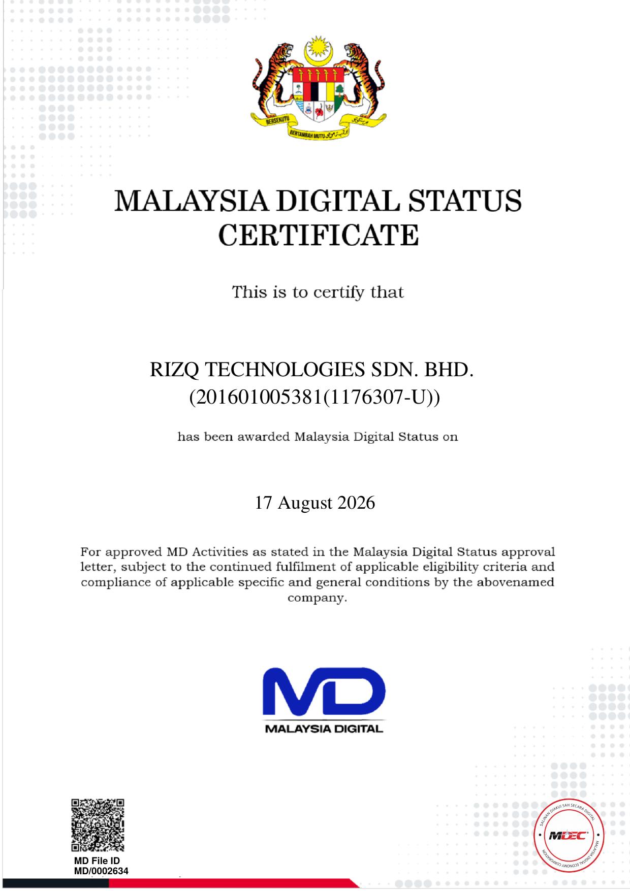 RIZQ Technologies Sdn. Bhd. Malaysia Digital Status Certificate